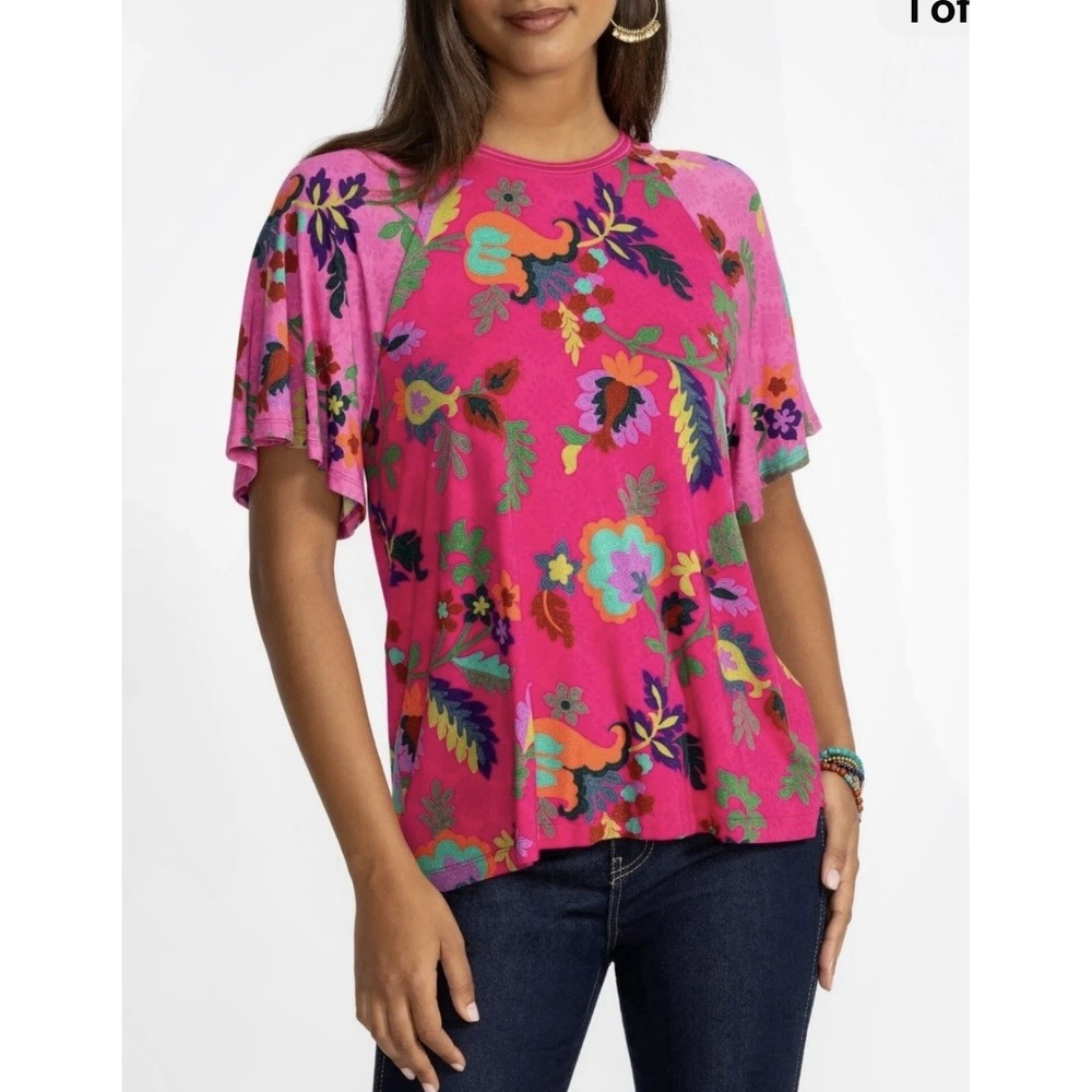 Johnny Was Janie Flutter Sleeve Top Relaxed Stretchy Size L Boho